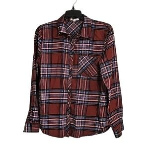 Maurices Brown Flannel Plaid Button Up Shirt Top Size S EUC